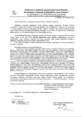 VÝZVA na navrhovanie laureátov Ceny Ondreja Štefanka 2026 – do 10. februára 2026 